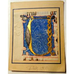 Enluminure, BIG Grande Lettre ornée U, 15ième Manuscrit manuscript parchemin,livre d'heures  la15