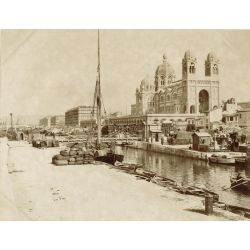 Marseille, vintage albumen print, old photo, tirage argentique albuminé,1880/90, ND phot ?, cathedrale de la Major et bateaux