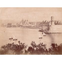 Marseille, vintage albumen print, old photo, tirage argentique albuminé, 1880/90, ND phot, le fort Saint Jean et La cathedrale