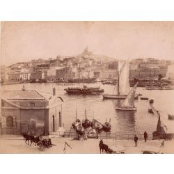 Marseille, vintage albumen print, old photo, tirage argentique albuminé, 1880/90, ND phot, vue sur le port et le Notre Dame
